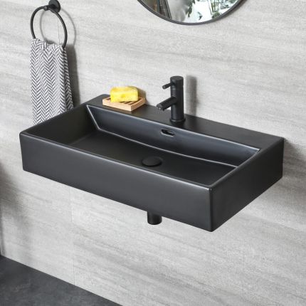 Milano Nero - Black Modern Rectangular Wall Hung Basin - 750mm x 420mm (1 Tap-Hole)