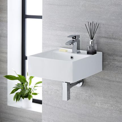 Milano Dalton - White Modern Square Wall Hung Basin - 410mm x 410mm (1 Tap-Hole)