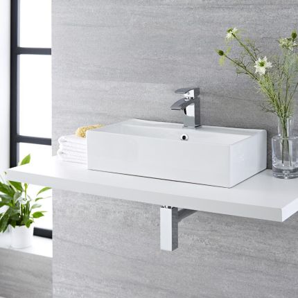 Milano Dalton - White Modern Rectangular Countertop Basin with Mono Mixer Tap - 550mm x 310mm