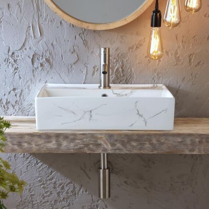 Milano Elswick - White Marble Effect Rectangular Countertop Basin - 500mm x 350mm (1 Tap Hole)