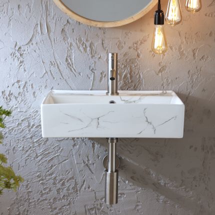 Milano Elswick - Marble Effect Rectangular Wall Hung Basin - 500mm x 350mm (1 Tap Hole)