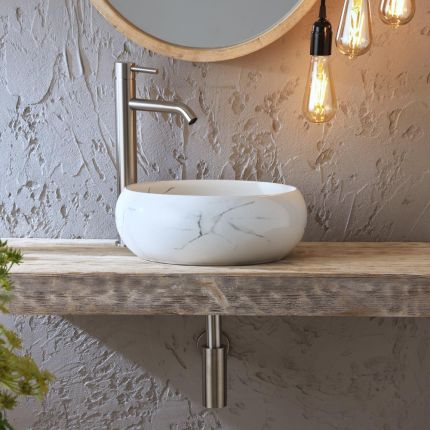 Milano Alden - White Marble Effect Round Countertop Basin - 360mm (No Tap Holes)