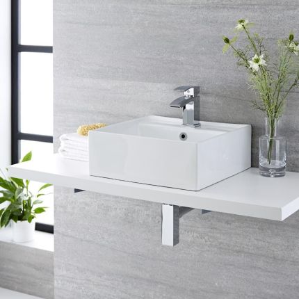 Milano Dalton - White Modern Countertop Basin - Choice of Size and Overflow Ring Finish