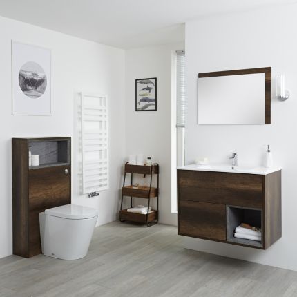 Milano Bexley - Dark Oak Modern 800mm Vanity Unit with WC Unit and Rivington Back to Wall Pan