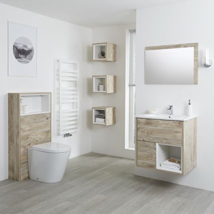 Milano Bexley - Light Oak Modern 600mm Open Shelf Vanity Unit, WC Unit, Rivington Pan, Three Storage Units and Mirror