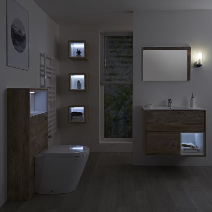 Milano Bexley - Light Oak Modern 800mm Open Shelf Vanity Unit, WC Unit, Rivington Pan, Three Storage Units and Mirror