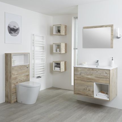 Milano Bexley - Light Oak Modern 800mm Open Shelf Vanity Unit, WC Unit, Rivington Pan, Three Storage Units and Mirror