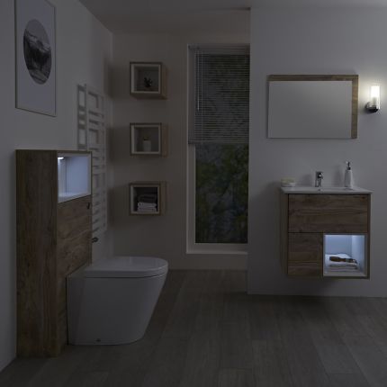 Milano Bexley - Light Oak Modern 600mm Open Shelf Vanity Unit, WC Unit and Rivington Back to Wall Pan