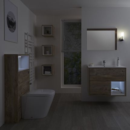 Milano Bexley - Light Oak Modern 800mm Open Shelf Vanity Unit, WC Unit and Rivington Back to Wall Pan