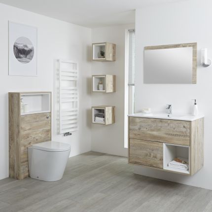 Milano Bexley - Light Oak Modern 800mm Open Shelf Vanity Unit, WC Unit and Rivington Back to Wall Pan