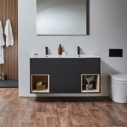 Milano Bexley - 1210mm Wall Hung Open Shelf Vanity Unit with Double Basin - Choice of Finish, Basin and LED Light