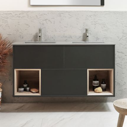 Milano Bexley - 1212mm Wall Hung Open Shelf Vanity Unit with Elements Double Basin - Choice of Basin, Finish and LED Light
