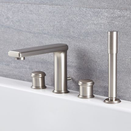 Milano Ashurst - 4 Tap-Hole Modern Deck Mounted Bath Shower Mixer Tap with Hand Shower - Brushed Nickel