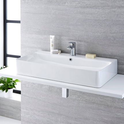 Milano Farington - White Modern Rectangular Countertop Basin with Mono Mixer Tap - 800mm x 415mm
