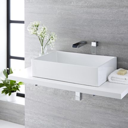 Milano Westby - White Modern Rectangular Countertop Basin with Wall Mounted Mixer Tap - 610mm x 400mm