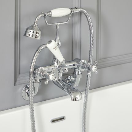 Milano Elizabeth - Traditional Wall Mounted Crosshead Bath Shower Mixer Tap - Chrome and White