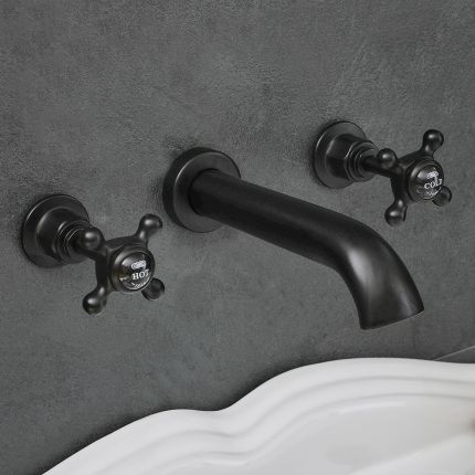 Milano Elizabeth - Traditional Wall Mounted 3 Tap-Hole Crosshead Basin Mixer Tap - Black