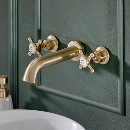 Milano Elizabeth - Traditional Wall Mounted 3 Tap-Hole Crosshead Basin Mixer Tap - Brushed Brass