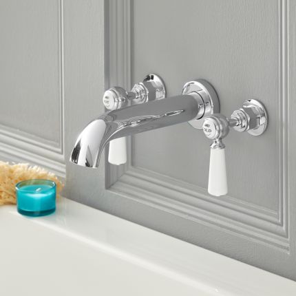 Milano Elizabeth - Traditional Wall Mounted 3 Mixer Tap-Hole Lever Bath Filler Mixer Tap - Chrome and White