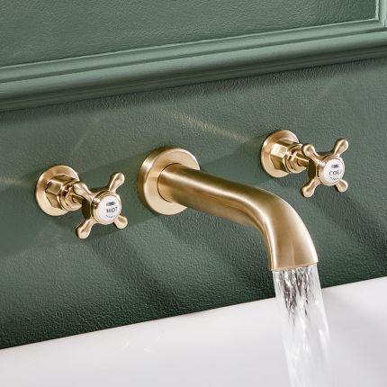 Milano Elizabeth - Traditional Wall Mounted 3 Tap-Hole Crosshead Bath Filler Tap - Brushed Brass