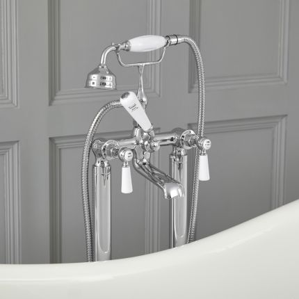 Milano Elizabeth - Traditional Freestanding Lever Bath Shower Mixer Tap with Hand Shower - Chrome and White