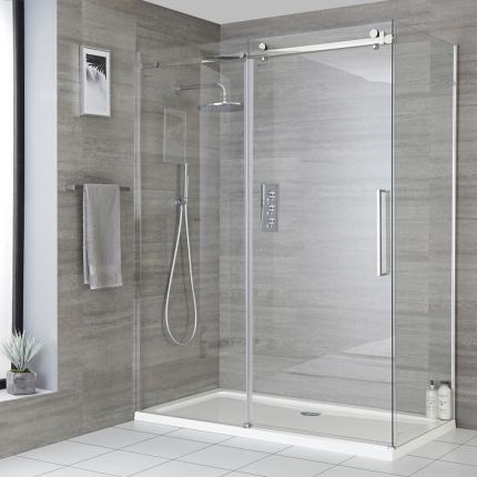 Milano Portland - Chrome Corner Frameless Sliding Door Shower Enclosure with Tray and Side Panel - Choice of Size