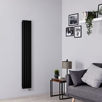 Milano x ECOSO Aruba - Electric Black Vertical Designer Radiator - 1600mm x 236mm (Double Panel) - with Wi-FI Thermostatic Heating Element