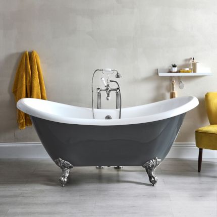 Milano Hest - Stone Grey Traditional Double-Ended Freestanding Slipper Bath - 1750mm x 730mm - Choice of Feet Finish