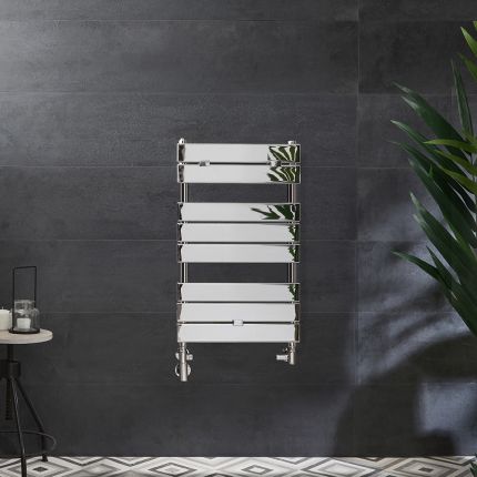 Milano Lustro Dual Fuel - Designer Chrome Flat Panel Heated Towel Rail - 840mm x 450mm