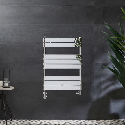Milano Lustro Dual Fuel - Designer Chrome Flat Panel Heated Towel Rail - 840mm x 600mm