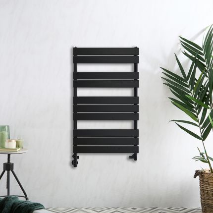 Milano Lustro Dual Fuel - Designer Black Flat Panel Heated Towel Rail - 975mm x 600mm