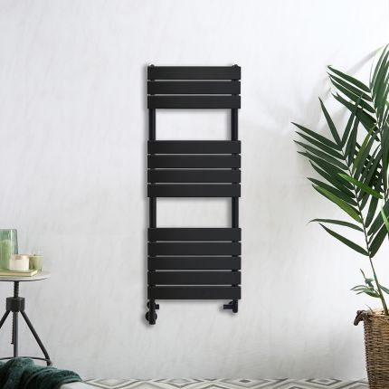 Milano Lustro Dual Fuel - Designer Black Flat Panel Heated Towel Rail - 1200mm x 450mm