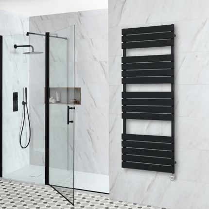 Milano x ECOSO Lustro - Electric Black Flat Panel Designer Heated Towel Rail - 1500mm x 600mm