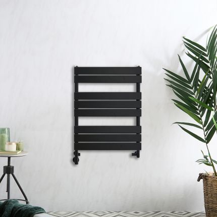 Milano Lustro Dual Fuel - Designer Black Flat Panel Heated Towel Rail - 825mm x 600mm