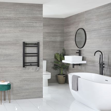 Milano Nero Electric - Black Straight Heated Towel Rail - 600mm x 400mm