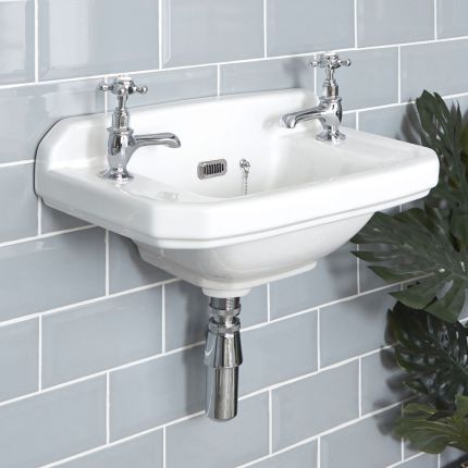 Milano Richmond - White Traditional Square Wall Hung Cloakroom Basin - 515mm x 300mm (2 Tap-Holes)