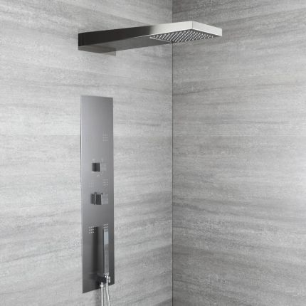 Milano Ryukyu - Modern Concealed Thermostatic Shower Tower Panel with Waterfall Shower Head, Hand Shower and Body Jets - Gun Metal Grey