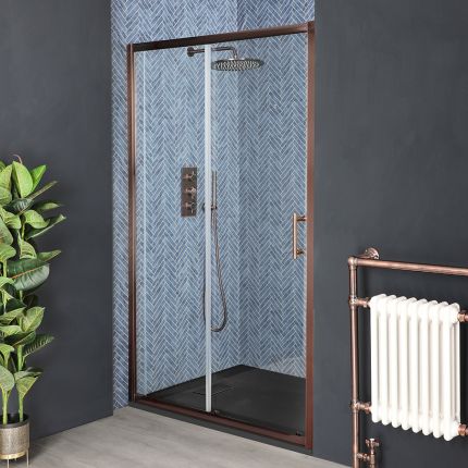 Milano Eris - Brushed Copper Sliding Shower Door with Slate Tray - Choice of Sizes