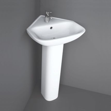 RAK Origin - Gloss White Modern Corner Basin with Full Pedestal - 450mm (1 Tap-Hole)