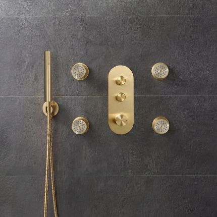 Milano Orta - Brushed Brass Push Button Thermostatic Shower with Hand Shower and Body Jets  (2 Outlet)