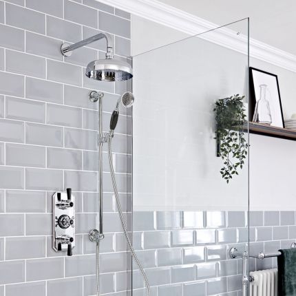 Milano Elizabeth - Chrome and Black Traditional Thermostatic Shower with Riser Rail and Shower Head (2 Outlet)