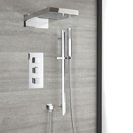 Milano Arvo - Chrome Thermostatic Shower with Diverter, Waterblade Shower Head and Riser Rail with Hand Shower (3 Outlet)
