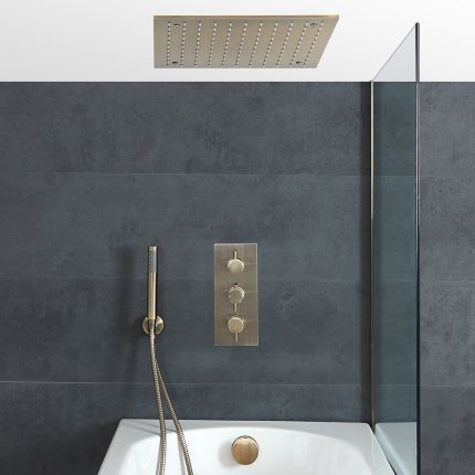 Milano Clarus - Thermostatic Shower with Diverter, Recessed Shower Head, Hand Shower and Overflow Bath Filler - Aged Gold