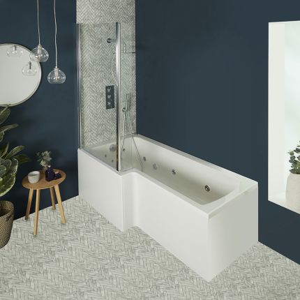 Milano Elswick - Whirlpool L-Shaped Spa Shower Bath with Screen - Choice of Jets, Sizes and Panels