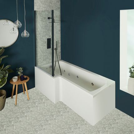 Milano Elswick - Whirlpool L-Shaped Spa Shower Bath with Black Screen - Choice of Jets, Sizes and Panels