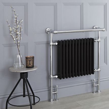 Milano Elizabeth - Black and Chrome Traditional Heated Towel Rail - 930mm x 790mm (With Overhanging Rail)