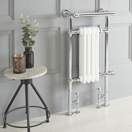 Milano Elizabeth - White Traditional Dual Fuel Heated Towel Rail - 930mm x 450mm (with Overhanging Rail)  - Choice of Wi-Fi Thermostat and Cable Cover