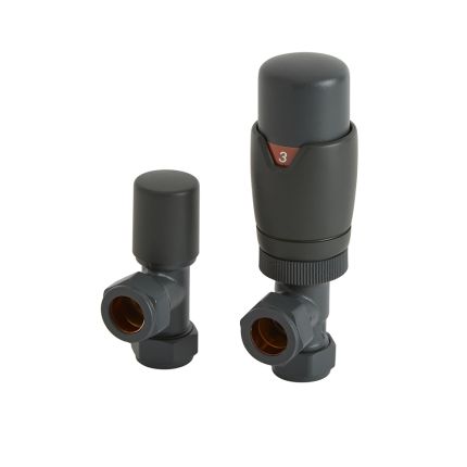 Milano - Modern Grey Thermostatic Angled Radiator Valve and Lockshield
