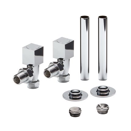 Milano - Modern Square Angled Radiator Valve and Pipe Sleeve Set - Choice of Finish