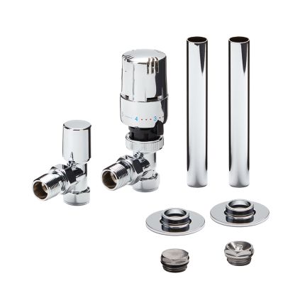 Milano - Thermostatic Angled Radiator Valve and Pipe Sleeve Set (Pair) - Choice of Finish